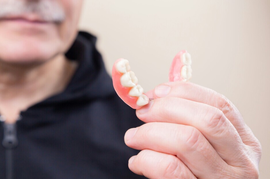 A man trying his dentures