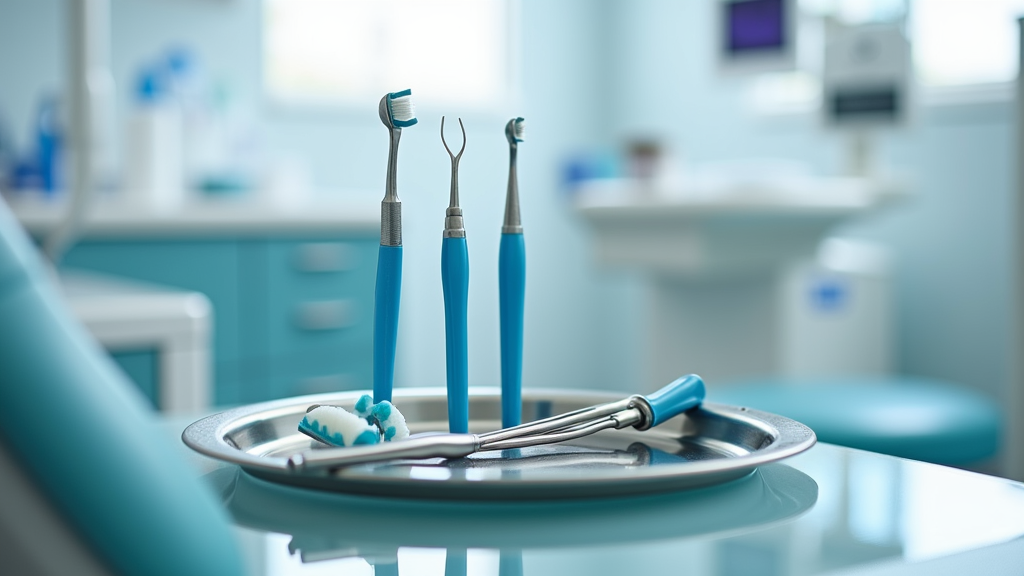 Dental tools and cleaning setup on a dental tray